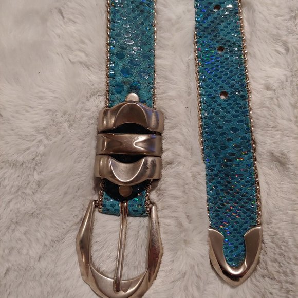 Belts by Simon Accessories - Belts by SImon metallic teal leather belt with silver hardware large